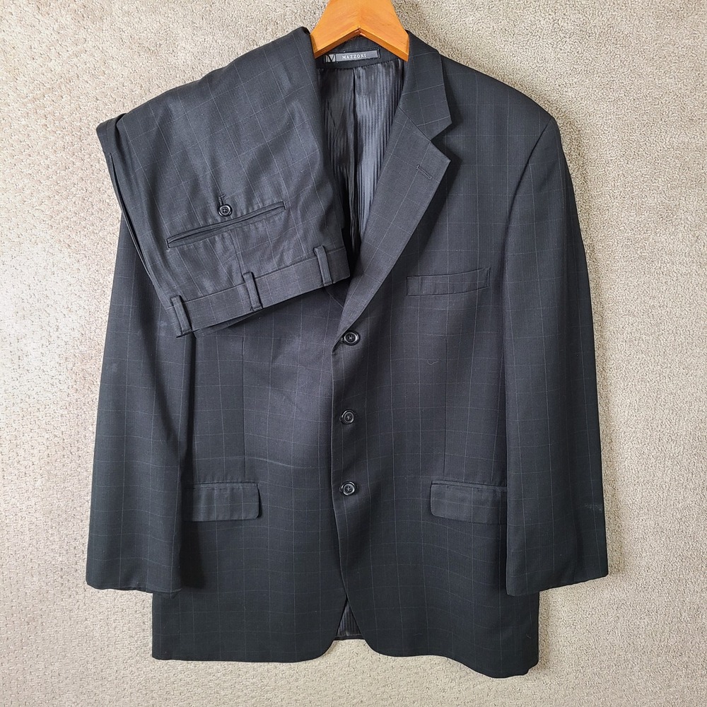 Mazzoni Suit Mens‎ 44L Black Check 2 Piece Set 3 Button Poly Blend Pleated 36x30
